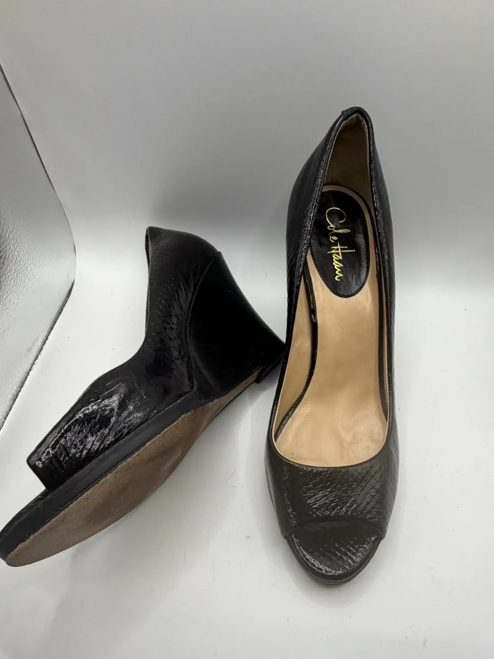 Cole Haan Black Snake Snake Skin Embossed Leather Peep-Toe Wedge Pumps